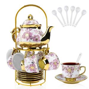 lot 5375 image: Hebaogugu 20 Pcs Porcelain Tea Set with Metal Holder, European Ceramic Tea Set for Adults, Adult Tea Set Gift, Flower Tea Cup Saucer Set for Party With Gold Flower Painting (Elegant Purple500ml)