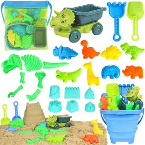 lot 5387 image: FUSPWEAO Beach Toys, Dinosaur Sand Toys with Dump Truck and Collapsible Beach Bucket, Shovel and Rake, Mesh Bag, Animal Dinosaur Sand Molds, Sand Castle Toy, Sandbox Toys for Toddlers Kids Boys
