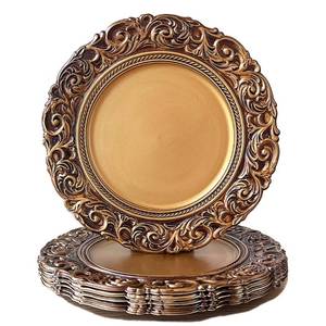 lot 5399 image: Umisriro Antique Gold Charger Plates, 13 Inch Dinner Plate Chargers Round Server Ware. Set of 6 Plastic Embossed Charger for Dinner, Wedding, Elegant Tableware Decor