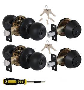 lot 5438 image: Lanwandeng (2 Sets) All Keyed Same Entry Knobs&Single Cylinder Deadbolt for Exterior Front Doors, Matte Black Finish Entry Door Lock with Same Keys
