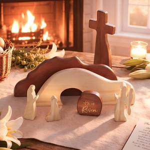 lot 5449 image: RUSATEN He is Risen Easter Decor Wooden Resurrection Scene with Empty Tomb, Cross &amp Figurines, Christian Religious Tabletop Decoration for Home, Faith Easter Gift, Easter Basket Stuffer