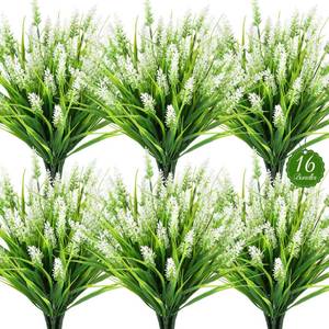lot 5454 image: AmberFun 16 Bundles Artificial Plants Outdoor, UV Resistant Fake Lavender & Monkey Grass, Realistic Plastic Faux Plants for Balcony, Patio, Porch Greenery Decor, Planter Filler(White)