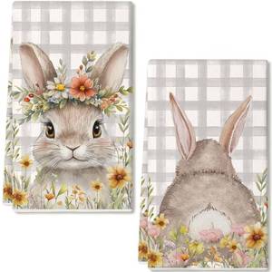 lot 5474 image: GEEORY Easter Kitchen Towels Set of 2,18x26 Inch Grey Buffalo Plaid Dish Cloths -Bunny & Flowers Farmhouse Design,Spring Holiday Hand Towels for Easter Decor & Gifting