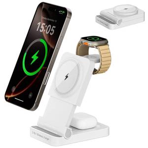 lot 5482 image: SENGiMC 3-in-1 Foldable & Retractable Magnetic Wireless Charger, 15W Fast Charging Station, Portable Fast Charging Stand, Charging for iPhone 171615141312, Apple Watch, AirPods (White)