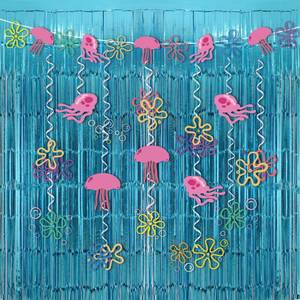 lot 5487 image: Yellow Cartoon Party Decorations with Fringe Curtains Jellyfish Flowers Party Banner Backdrop Supplies Under the Sea Hanging Swirls Party Decor for Kids Baby Shower Ocean Theme Photo Props Background