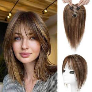lot 5493 image: REECHO Hair Toppers for Women Real Human Hair, Seamless Human Hair Toppers with Bangs, 360° 3D Cover Clip in Bangs Hair Extensions for Daily Wear, Medium Brown with Highlights