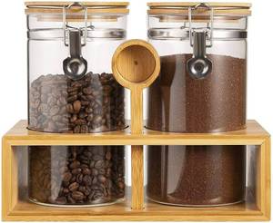 lot 5515 image: Yangbaga Ground Coffee Storage Container with Shelf, 2 x 45OZ Glass Coffee and Sugar Container Set, Coffee Canisters with Airtight Lids and Scoop, Food Storage Jars for Kitchen,Nuts,Tea,Sugar