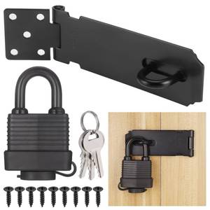 lot 5543 image: Padlock Latch Lock, 4Inch Stainless Steel Hasp Latch with Padlock Keys Screws, Heavy Duty Black Shed Lock, Waterproof Pad Locks Latches, Gate Locks for Barn Door Cabinet Fence Garage