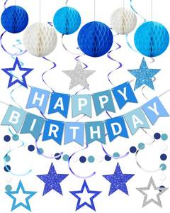 lot 5548 image: Blue Happy Birthday Decorations, Happy Birthday Banner with Honeycomb Balls, Stars Hanging Swirl Streamers, Dots Garland, Party Decorations for Men Boys Women Girls