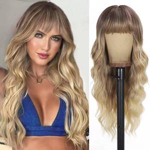 lot 5555 image: UNNYMGER Blonde Wig with Bangs Long curly wavy Wig for Women Ombre wig with Brown root skin-friendly synthetic fiber for festival holiday Use 26IN