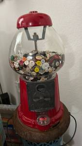 lot 103 image: Carnival Antique Red Gumball Machine Filled with Assorted Antique Buttons (base included, not pictured)