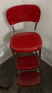 lot 104 image: Antique Restored Red Retro Step Stool Chair with Chrome Frame