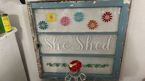 lot 40253 image: Antique Window She Shed Decorative Wall Sign with Colorful Flowers 28x28