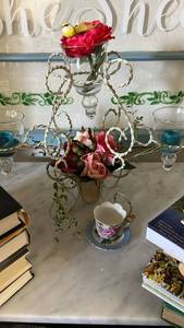 lot 40255 image: Decorative Glass Candelabra with Twisted Metal Arms 18x16