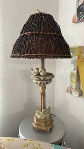 lot 40260 image: Decorative Bird Table Lamp with Wicker Shade