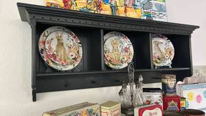lot 40265 image: Black Wooden Wall Display Shelf contents NOT included 14x 48