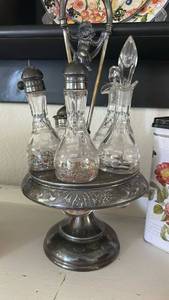 lot 40266 image: Antique Crystal Glass Condiment Set with Silver Plated Caddy Stand