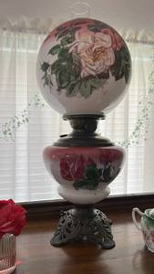 lot 40292 image: Antique Hand Painted Rose Pattern Oil Lamp with Ornate Metal Base