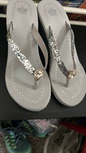 lot 40295 image: Silver Sequined Flip Flop Sandals with Crystal Embellishment
