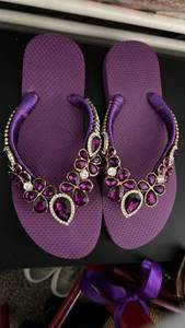 lot 40296 image: Purple Flip Flops with Crystal Flower Embellishments size 5 women