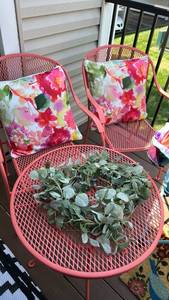 lot 40306 image: Coral Metal Mesh Patio Furniture Set with Floral Cushions