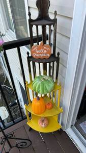 lot 40317 image: Wooden Tiered Display Shelf with Fall Autumn Pumpkin Decorations