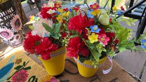 lot 40318 image: Artificial Silk Flower Arrangements in Yellow Pots Set of 2