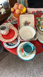 lot 40326 image: Pioneer Woman Mixed Dinnerware Set with Floral Patterns and Colorful Designs