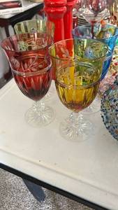 lot 40335 image: Colored Crystal Cut Glass Wine Glasses with Floral Etching