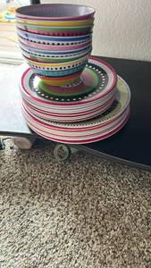 lot 40339 image: Colorful Striped Ceramic Dinnerware Set with Bowls and Plates