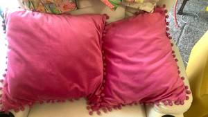 lot 40097 image: Phantoscope Pink Velvet Throw Pillows with Pom Pom Trim Set of 2