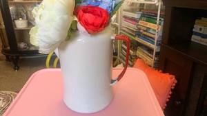 lot 40100 image: Antique Enamel White Pitcher with Red Handle