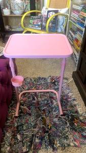 lot 40103 image: Pink Adjustable Height TV Tray Table with Cup Holder