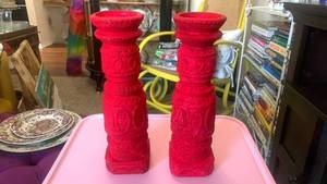 lot 40104 image: Red Ceramic Candlesticks Pair - NAPCO