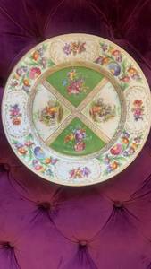 lot 40110 image: Hand Painted Dresden Porcelain Plate with Floral Design and Scenic Panels