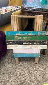 lot 40121 image: Reclaimed Wood Colorful Painted Bench