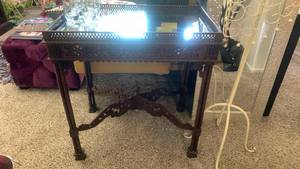 lot 40128 image: Ornate Antique Wooden Console Tables with Mirror Tops and Decorative Carved Bases Set of (2)
