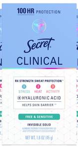 lot 3020 image: Secret Clinical Strength Antiperspirant Deodorant for Women, Free &amp Sensitive, 72hr Sweat &amp Odor Protection, PH Balancing Minerals, Invisible Solid, Unscented, 1.6 oz&nbsp