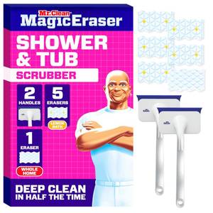 lot 3104 image: Mr. Clean Magic Eraser Shower & Tub Scrubber, Bathroom Cleaner, All in One Bathroom Cleaner, Lemon Starter Kit, 2 Scrubber, 5 Foaming Magic Erasers, 1 Whole Home Extra Durable Magic Eraser - Retail $26