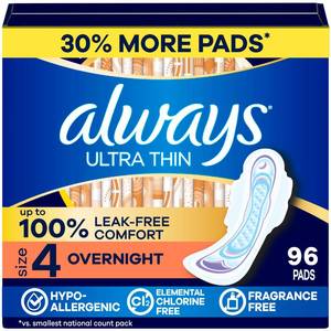 lot 3137 image: Always Ultra Thin Feminine Pads with Wings for Women, Size 4, Overnight Absorbency, Unscented, Up to 100% Leak-Free Comfort, 96 Count&nbsp