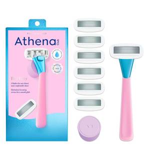 lot 3142 image: Athena Club Womens Razor Kit, 5-Blade Cartridge Razor for Sensitive Skin, Serum-Infused Blades with Shea Butter and Hyaluronic Acid, Includes Handle, 6 Refills and Magnetic Shower Hook - Pool Party - Retail $20