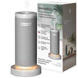 lot 3149 image: Homedics SereneScent Mini Fabric Rechargeable Waterless Diffuser, Cordless Aromatherapy Device, Use with SereneScent Oil 15ml (Sold Separately), Adjustable Mist Intensity & Ambient Light, Gray - Retail $55