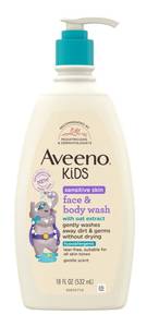lot 3207 image: Aveeno Kids Sensitive Skin Face and Body Wash with Oat Extract, Gently Washes Away Dirt and Germs Without Drying, Tear-Free, Hypoallergenic Kids Body Wash, 18 fl. Oz&nbsp