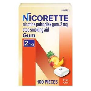 lot 3249 image: Nicorette 2 mg Nicotine Gum to Quit Smoking - Fruit Chill Flavored Stop Smoking Aid, 100 Count - Retail $44
