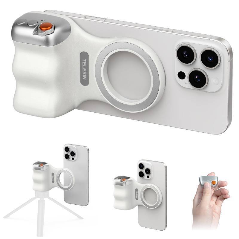 lot 7653 image: Magnetic Phone Camera Grip, Smartphone Shooting Holder Selfie Handle Snap with Wireless Shutter Button Remote for iPhone 16 15 14 13 12 Pro Max Android Cellphone Vlog Video Photography(White) - Retail $30