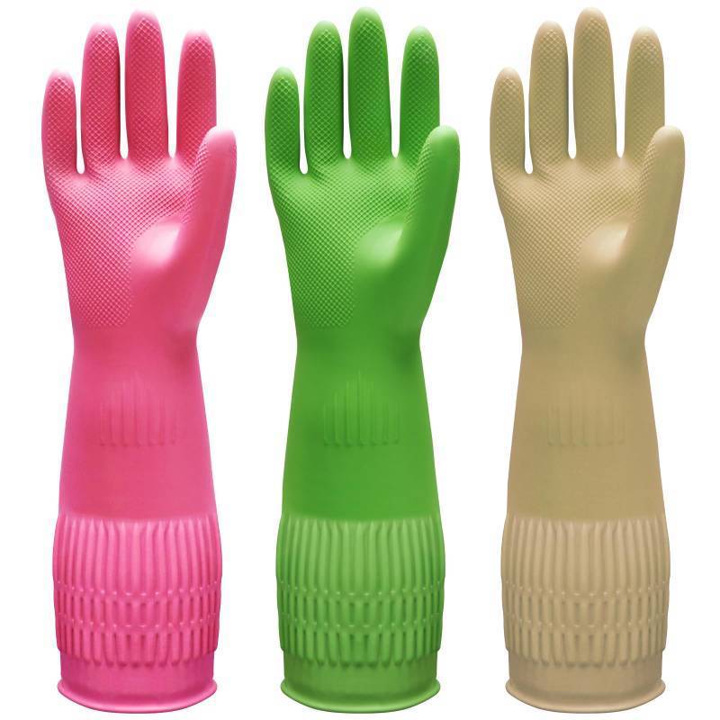 lot 7706 image: Bamllum 3 Pairs of Rubber Dishwashing Gloves for Kitchen and Household Cleaning Long Cuff 15, Reusable, Flexible Long-lasting and Non-Slip (RedYellowGreen, X-Large) - Retail $9
