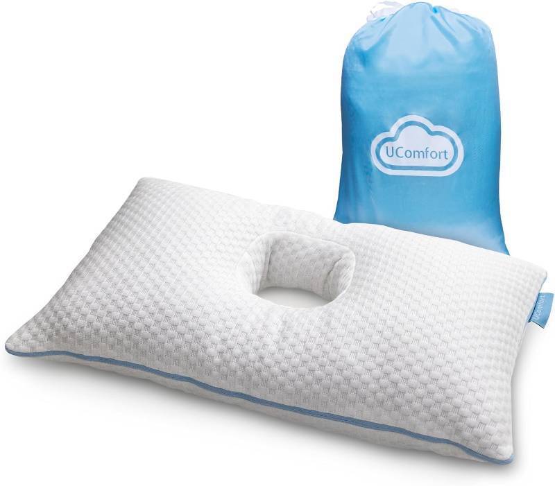 lot 8216 image: Ear Piercing Pillow for Side Sleepers alleviating Any Ear Pain and Inflammation. Small Sized 10x18 Ear Pillow with Travel Bag, UComfort - Retail $36