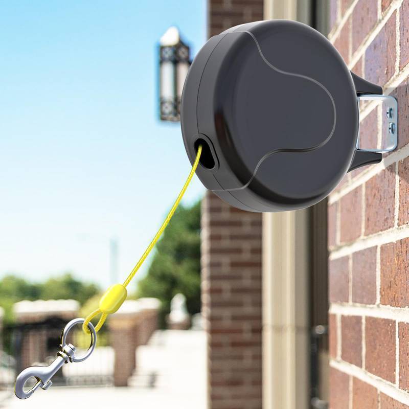 lot 8234 image: 30ft Wall Mount Retractable Dog Tie Out Cable for Small to Large Dogs Between 20-75 lbs, Patented Retractable Dog Lead Great for YardGarden - Durable for 70,000 Cycles (Black, 30ft) - Retail $37