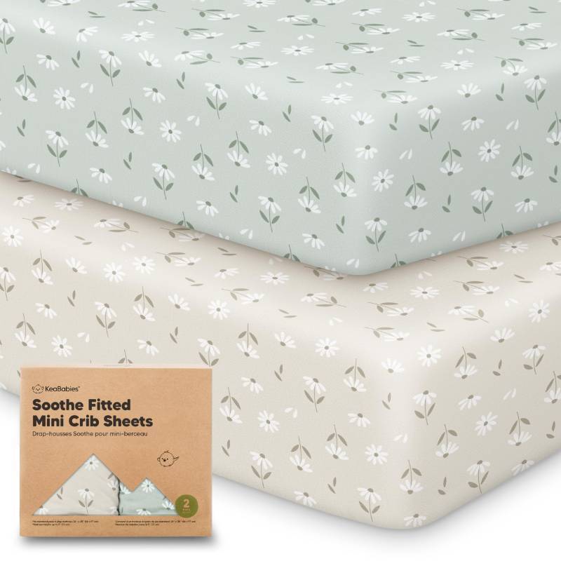 lot 8314 image: 2-Pack Mini Crib Sheets Fitted - 38x26 Pack N Play Sheets for Pack and Play Mattress, Organic Cotton, Soft & Breathable Playard Bedding, Neutral Mini Toddler Bed Cover for Boys, Girls (Daisies) - Retail $16