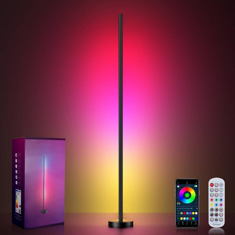 lot 8322 image: OIYN Smart RGBICW LED Corner Floor Lamp - 16 Million DIY Colors, 68 Scenes, Music Sync, App & Remote Control, Color-Changing Ambient Lighting for Living Rooms, Bedrooms, and Gaming Rooms - Retail $30